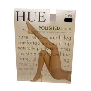 Hue Polished Sheer Control Top Pantyhose Black Size 3 Invisible Reinforced Toe